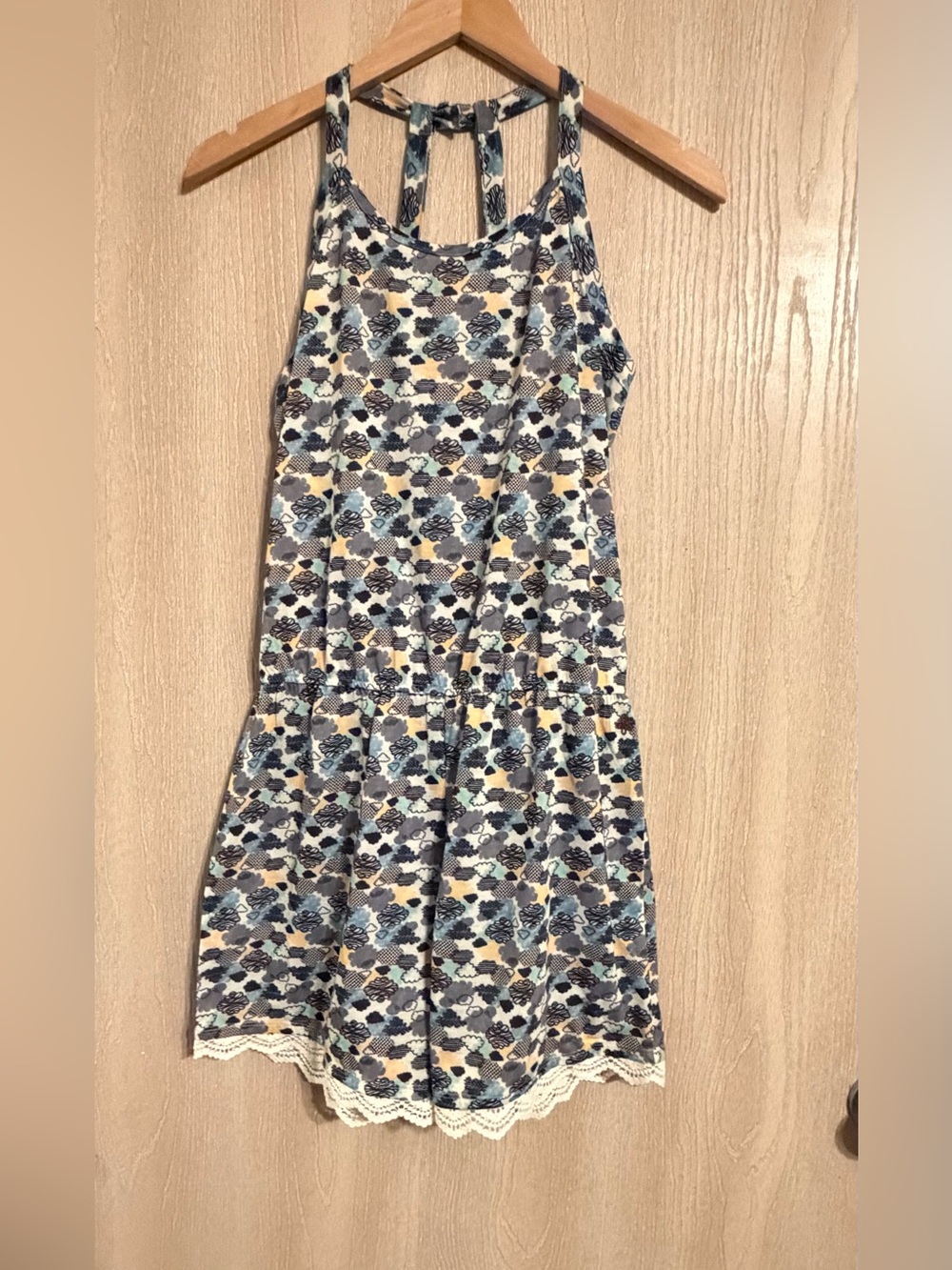 Matilda Jane Clothing Blue Floral Tank Romper with Cream Lace New Condition